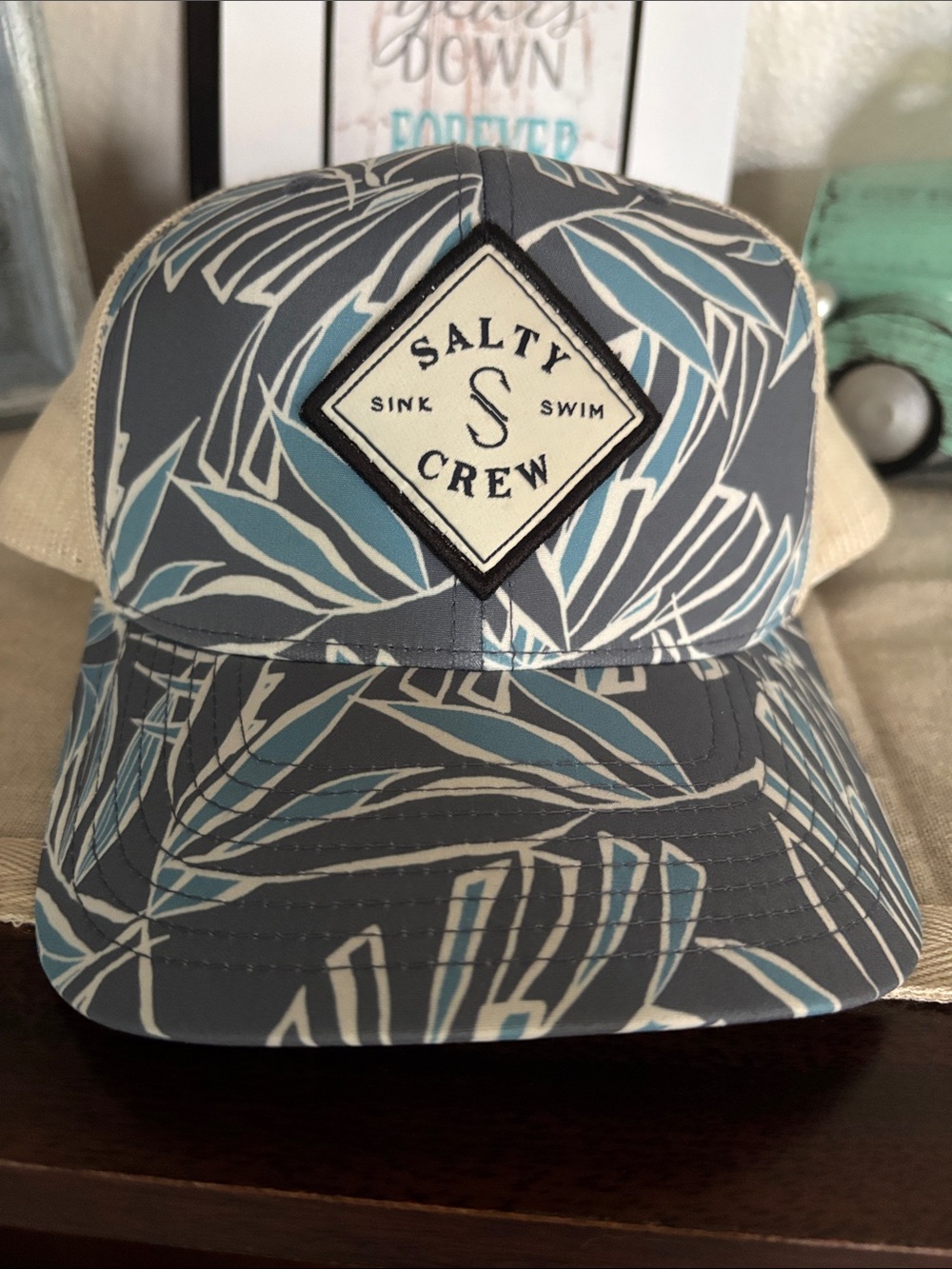 Salty Crew Teal & White Leaf Patch Trucker Hat